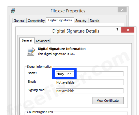 Screenshot of the Mozy, Inc. certificate